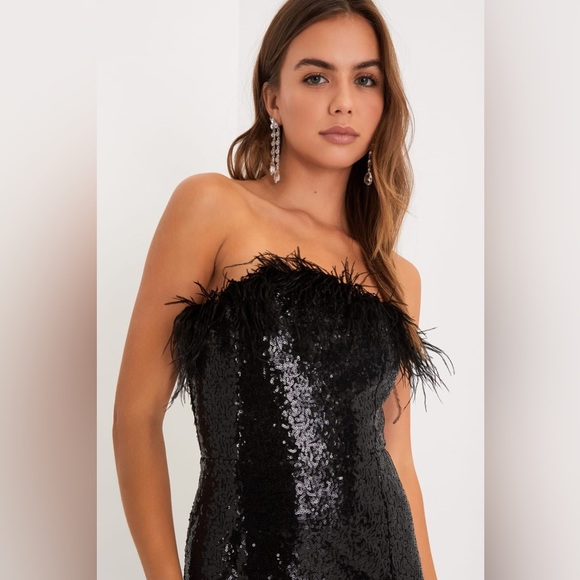 Lulus Total Head-Turner Black Sequin Feather Strapless Maxi Dress - Picture 2 of 7